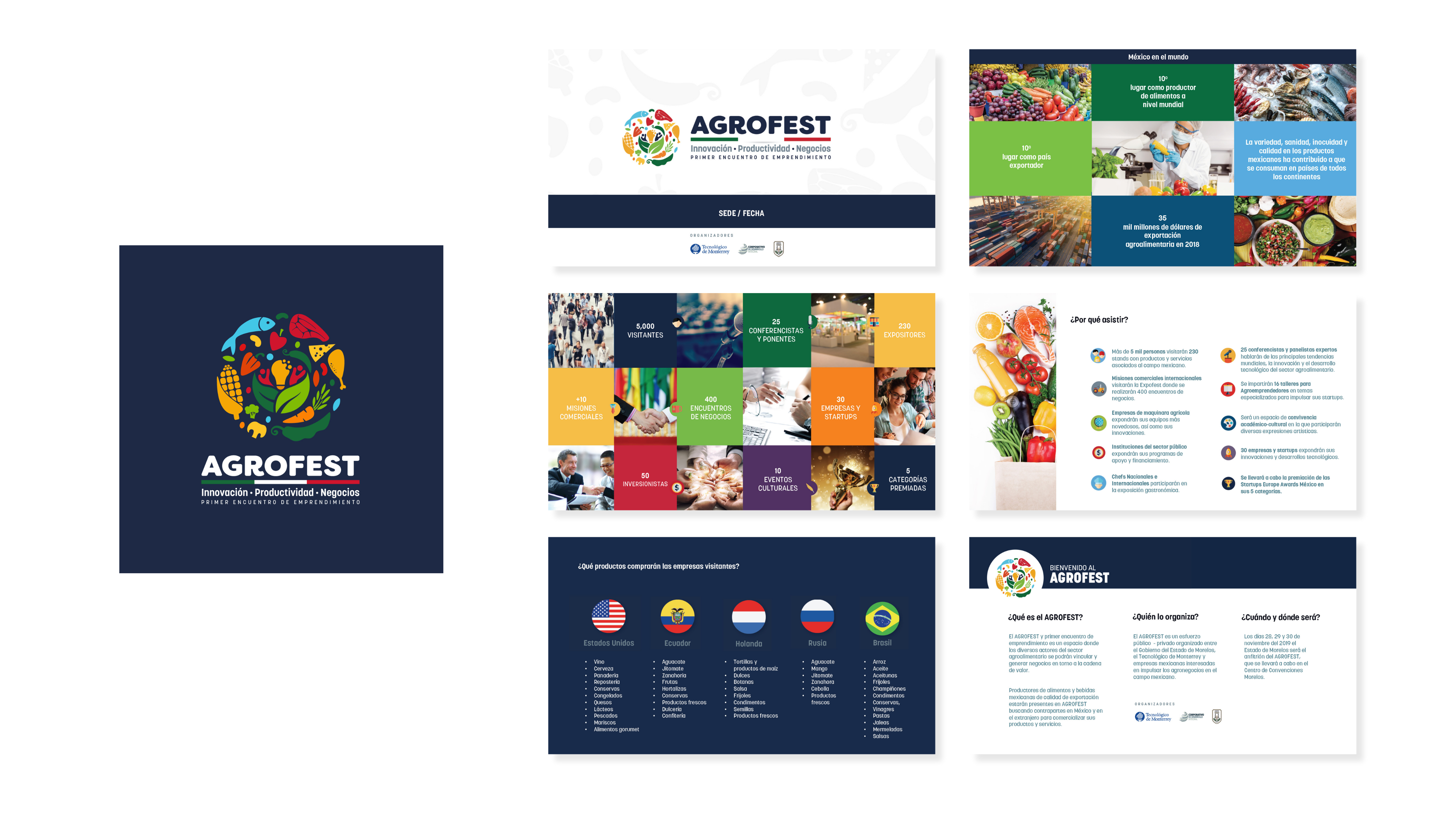 AgroFest presentation deck showing the identity, event information, audience metrics, international buyers, and program overview