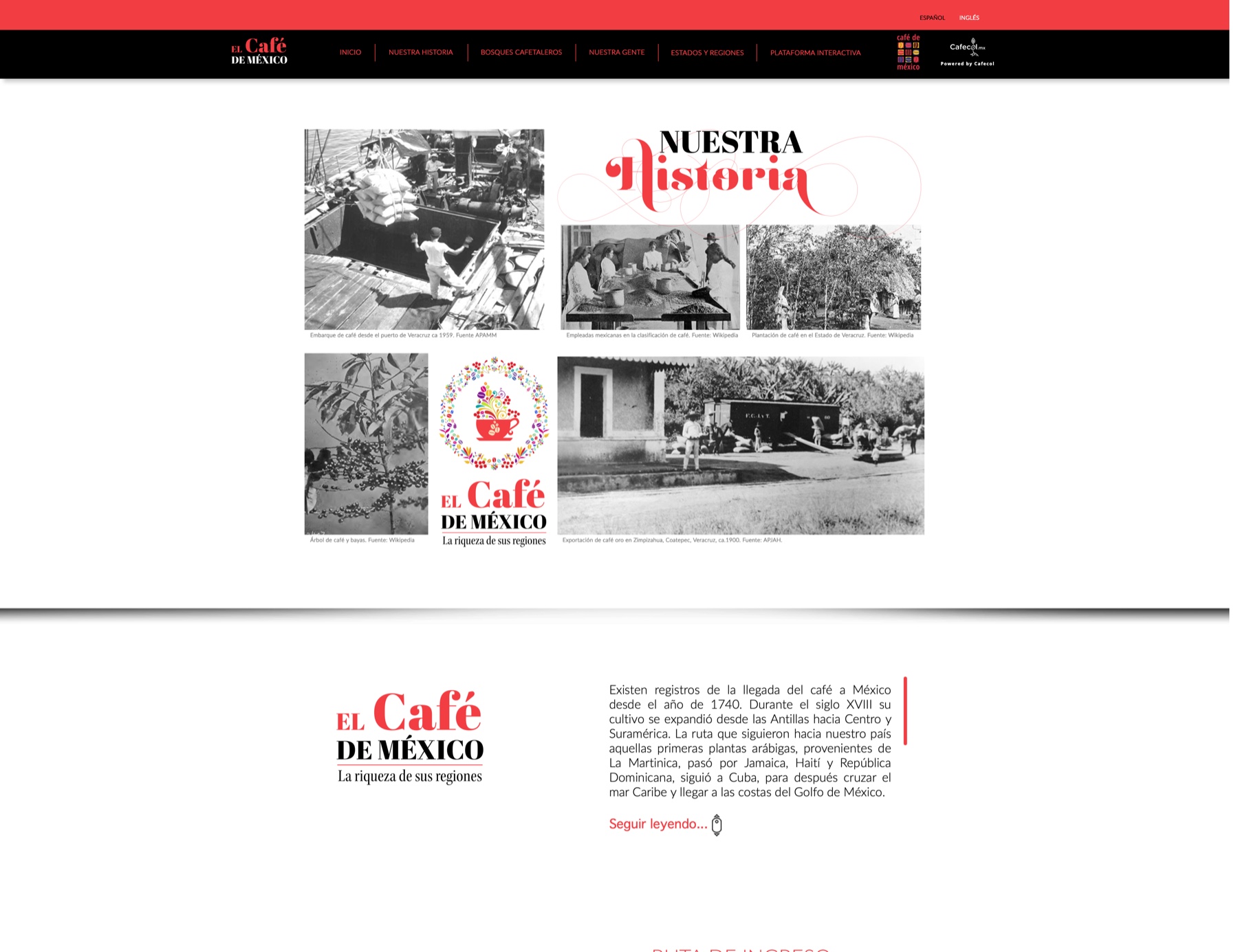 El Café de México website history page displayed on a laptop