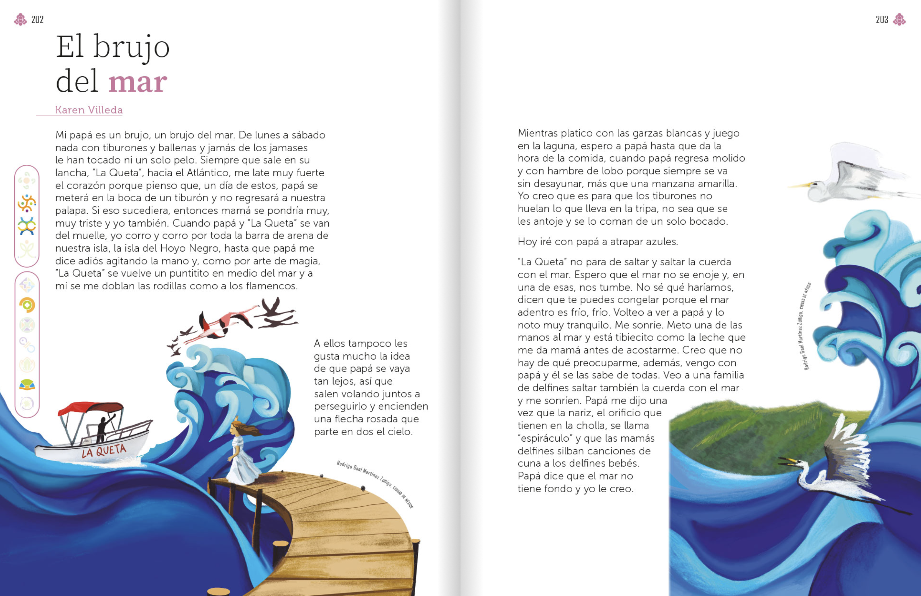 Final illustrated El brujo del mar textbook spread after Anneli Torres’s art direction