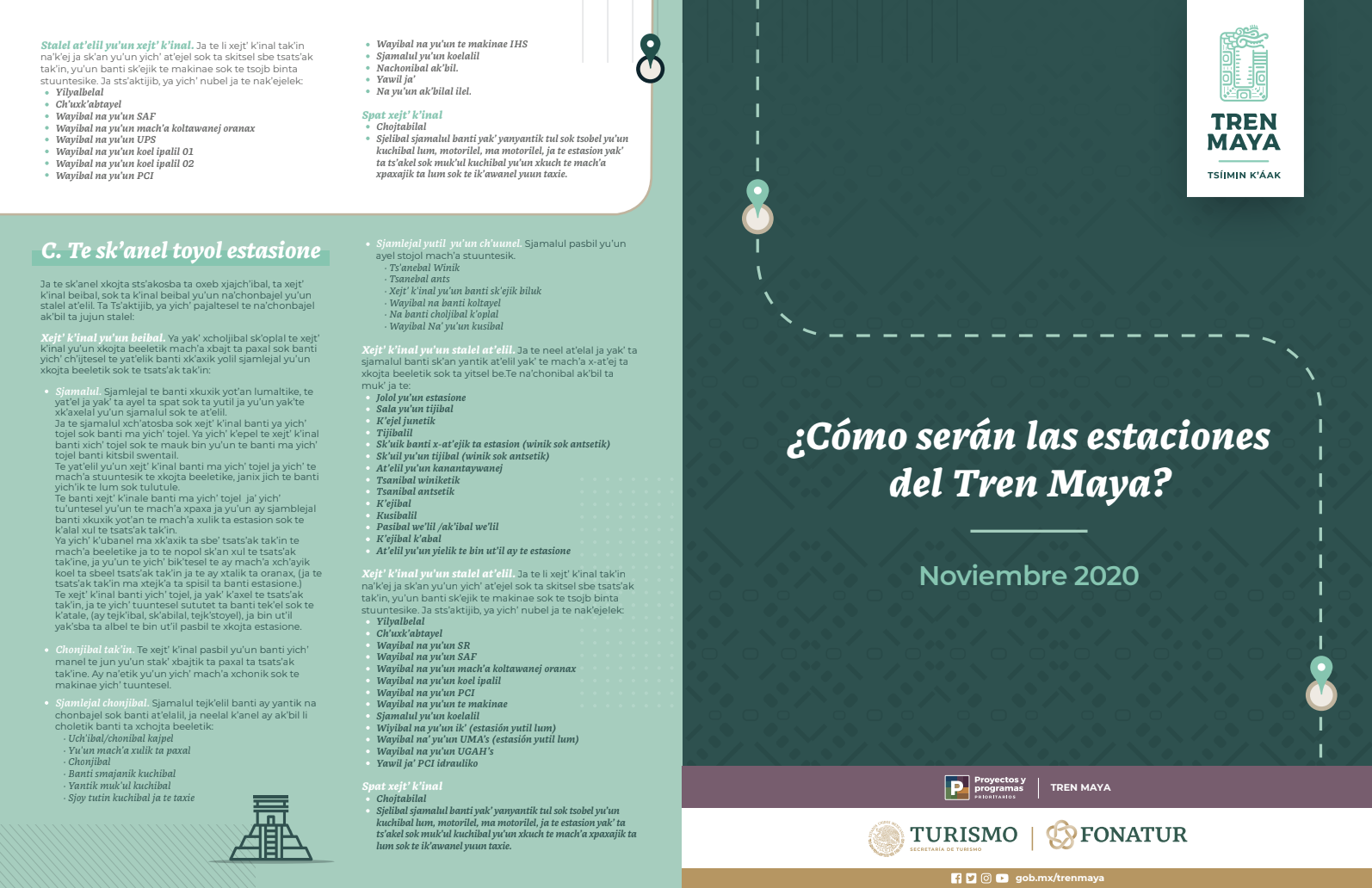 Multilingual Tren Maya station information booklet spread