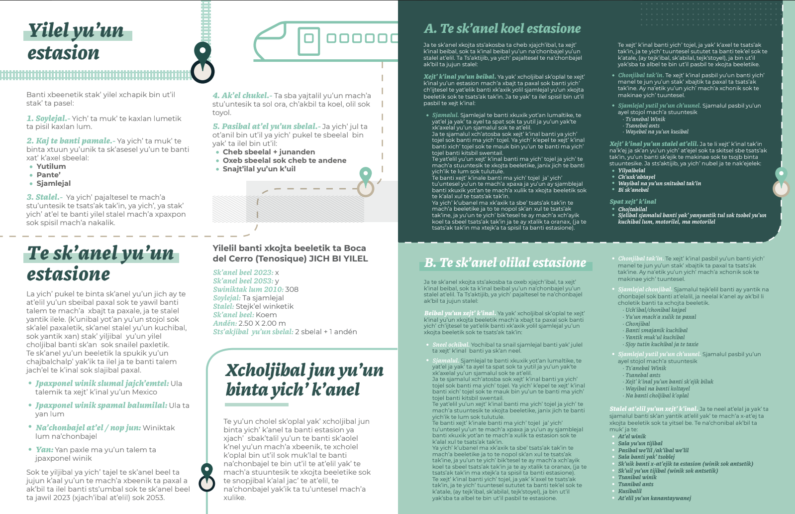 Tren Maya station guide spread in an Indigenous language