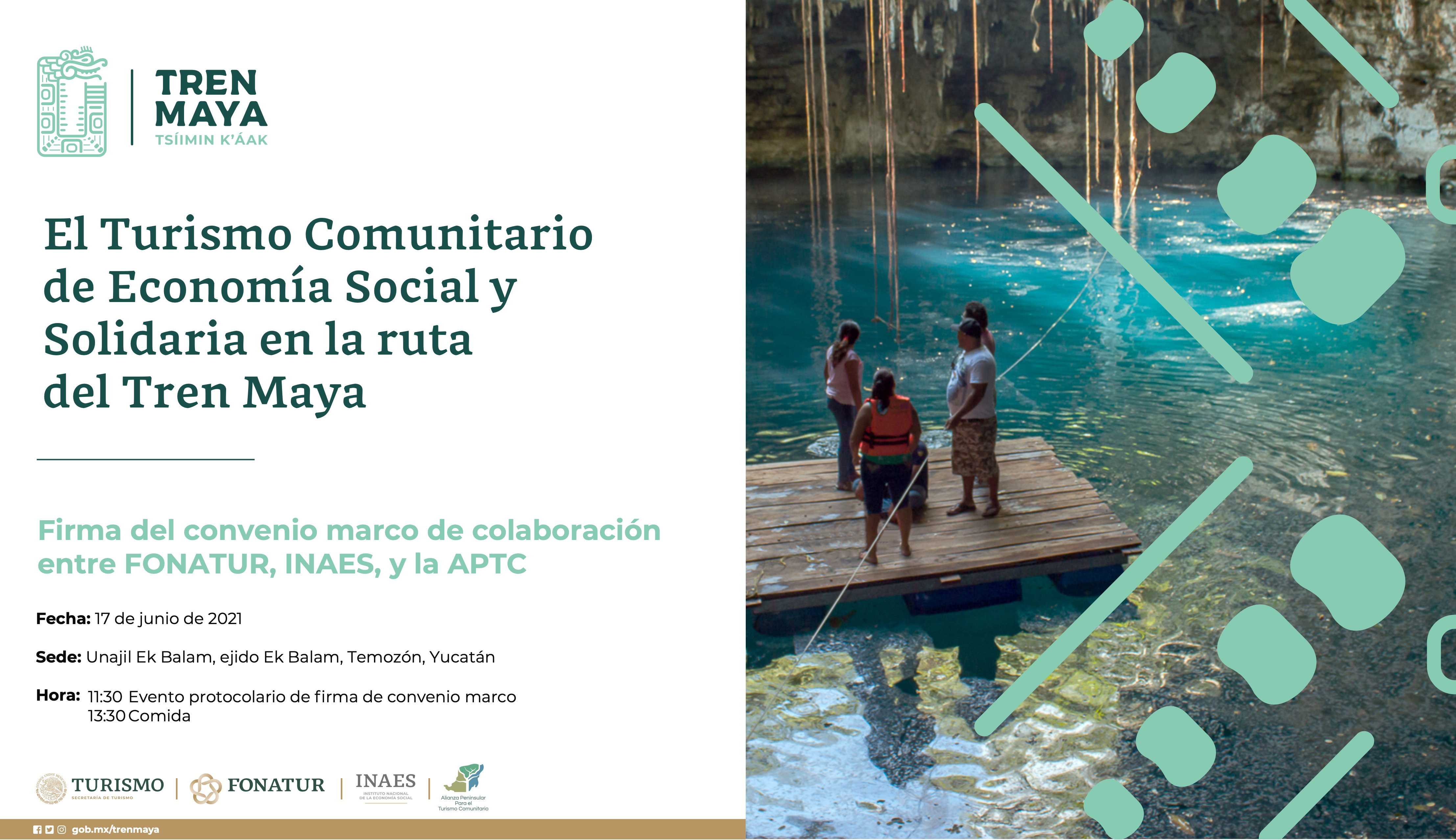 Tren Maya community tourism event invitation featuring a cenote