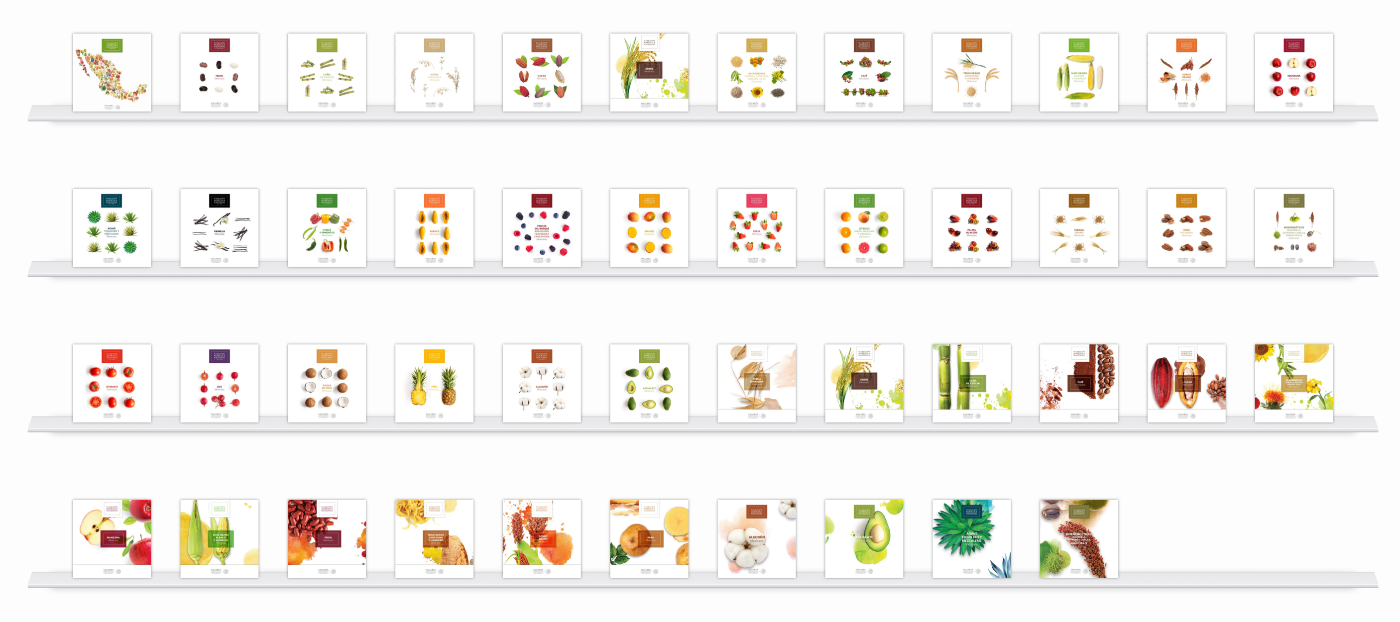 64 booklet covers arranged on shelves