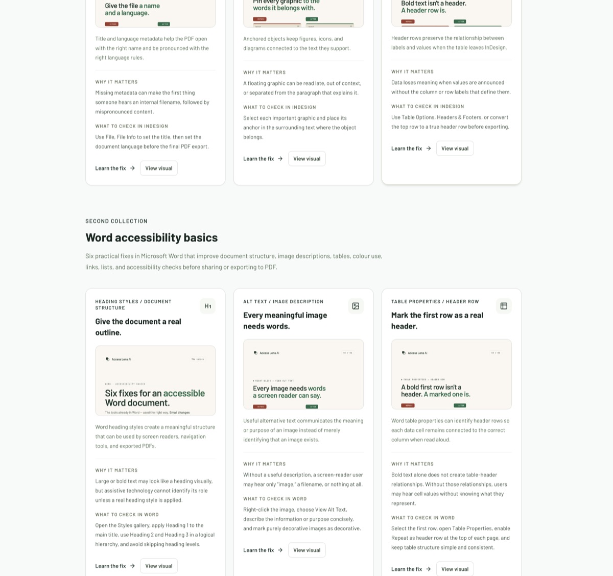 Access Lens AI learning library with accessibility guidance for InDesign and Word