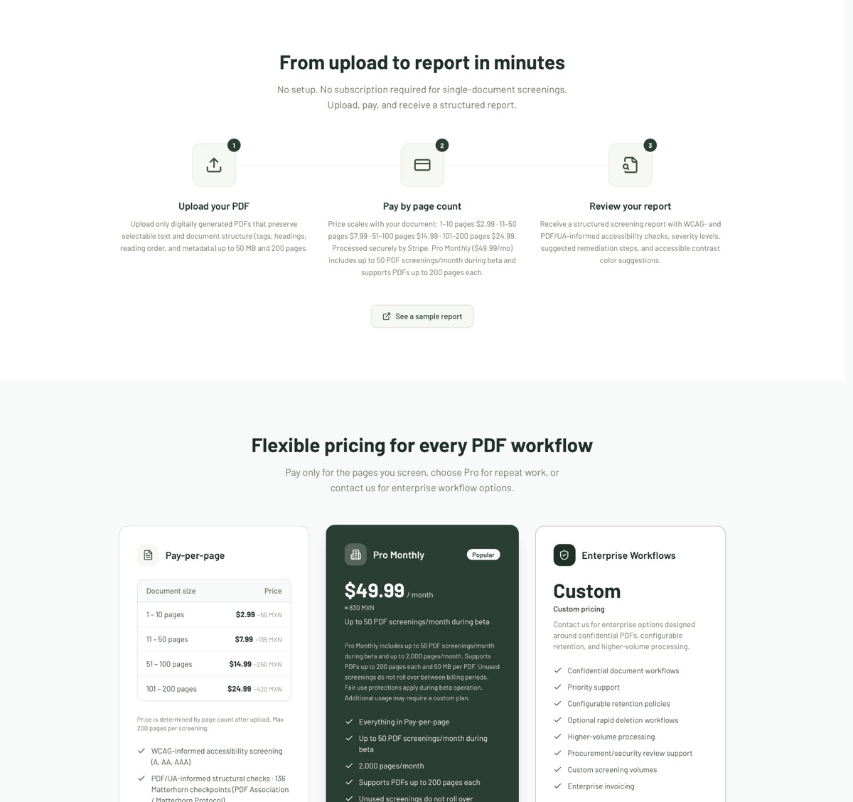 Access Lens AI PDF screening homepage showing potential-issue review, standards references and workflow steps
