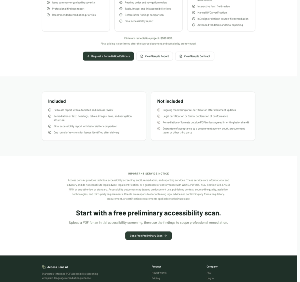 Access Lens AI remediation service page explaining audit, remediation and final reporting