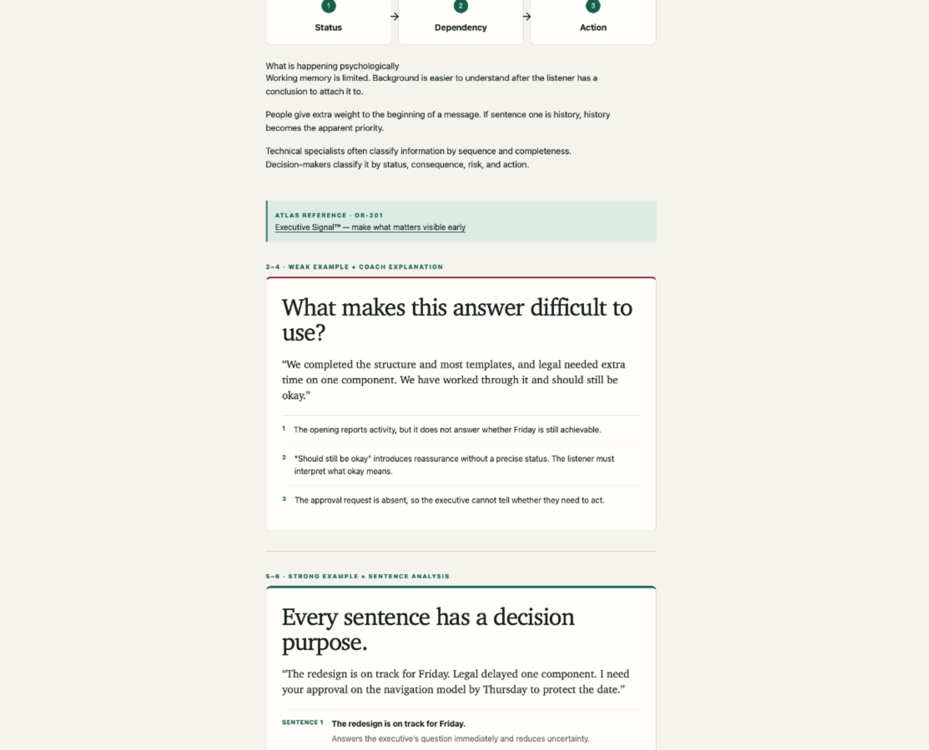 ThinkToAction Atlas reference page showing a Governing Signal example with coached strong and weak communication analysis