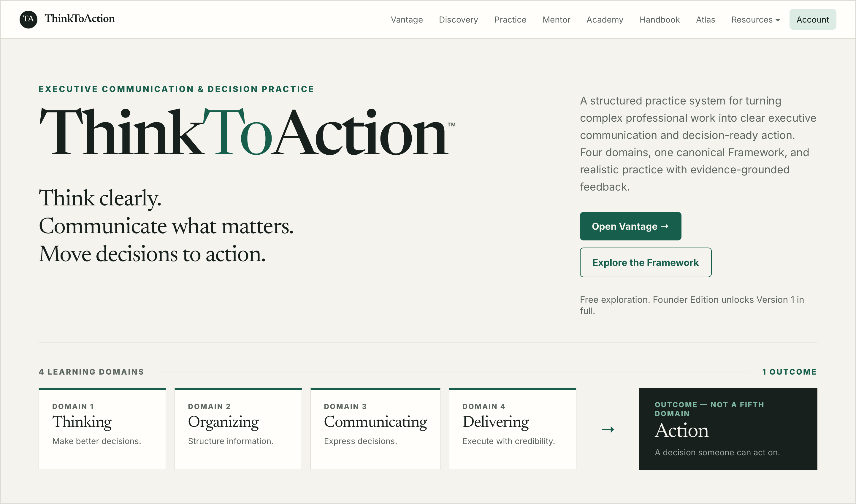 ThinkToAction homepage showing the four executive communication learning domains — Thinking, Organizing, Communicating, Delivering — and the Action outcome